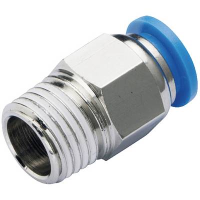 Raccordo metallico con anello in plastica blu, idoneo per giunzioni tubiere. Presenta un filetto esterno e una forma esagonale.