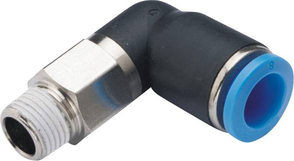 Un connettore ad angolo retto nero da 90 gradi con estremità di connessione blu e filettatura argentata per raccordi per tubi.