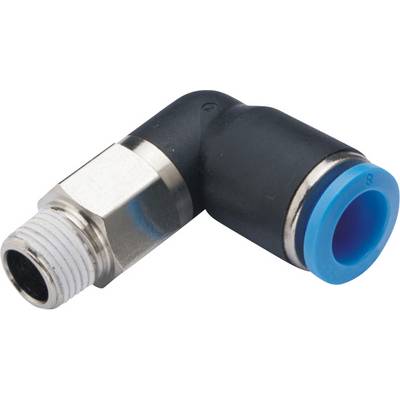 Un connettore ad angolo retto nero da 90 gradi con estremità di connessione blu e filettatura argentata per raccordi per tubi.