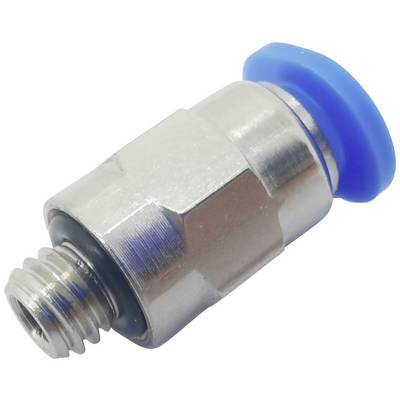 Connettore metallico con tappo blu in plastica, idoneo al collegamento di tubi o condotti in sistemi pneumatici.