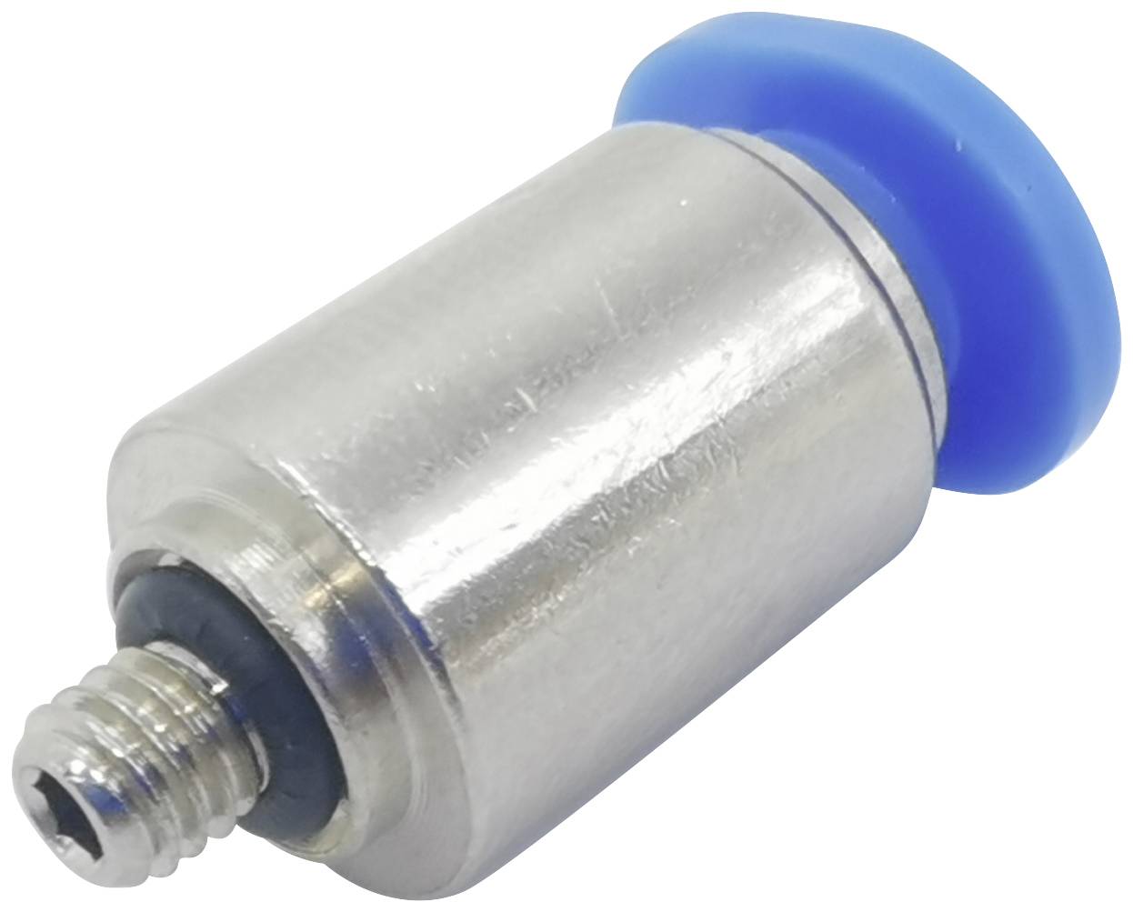 Perno metallico argentato con testa in plastica blu e filettatura, probabilmente un componente tecnico o un connettore.