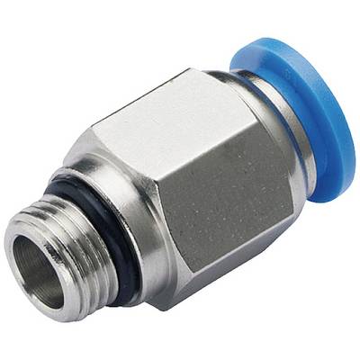 Un raccordo metallico con filettatura cilindrica e anello in plastica blu, presumibilmente per sistemi pneumatici o idraulici.