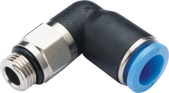 Un raccordo pneumatico a gomito in metallo e plastica con anello di tenuta blu, utilizzato per tubi dell'aria.