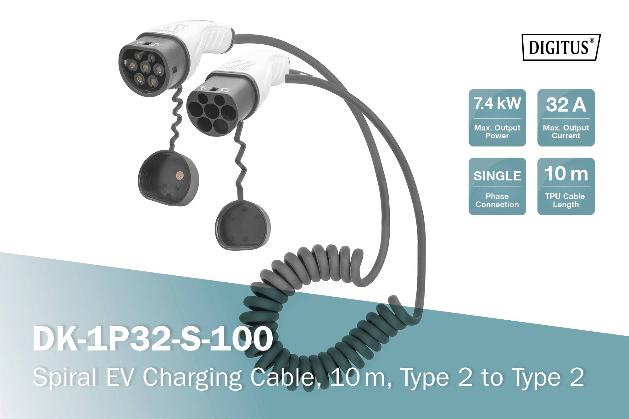 Cavo spiralato per ricarica auto elettrica, lungo 10 m, da Tipo 2 a Tipo 2, max. 7,4 kW, 32 A, con guaina in TPU.