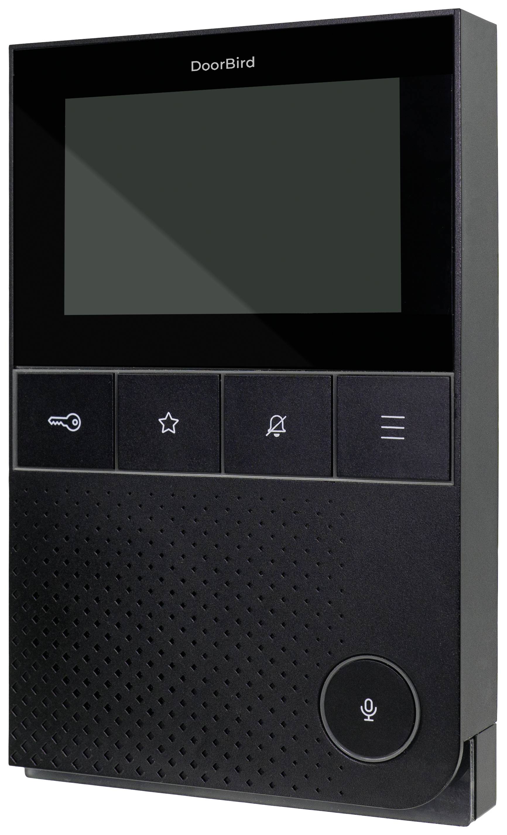 Monitor nero per videocitofono DoorBird con schermo, quattro tasti e microfono in basso a destra.