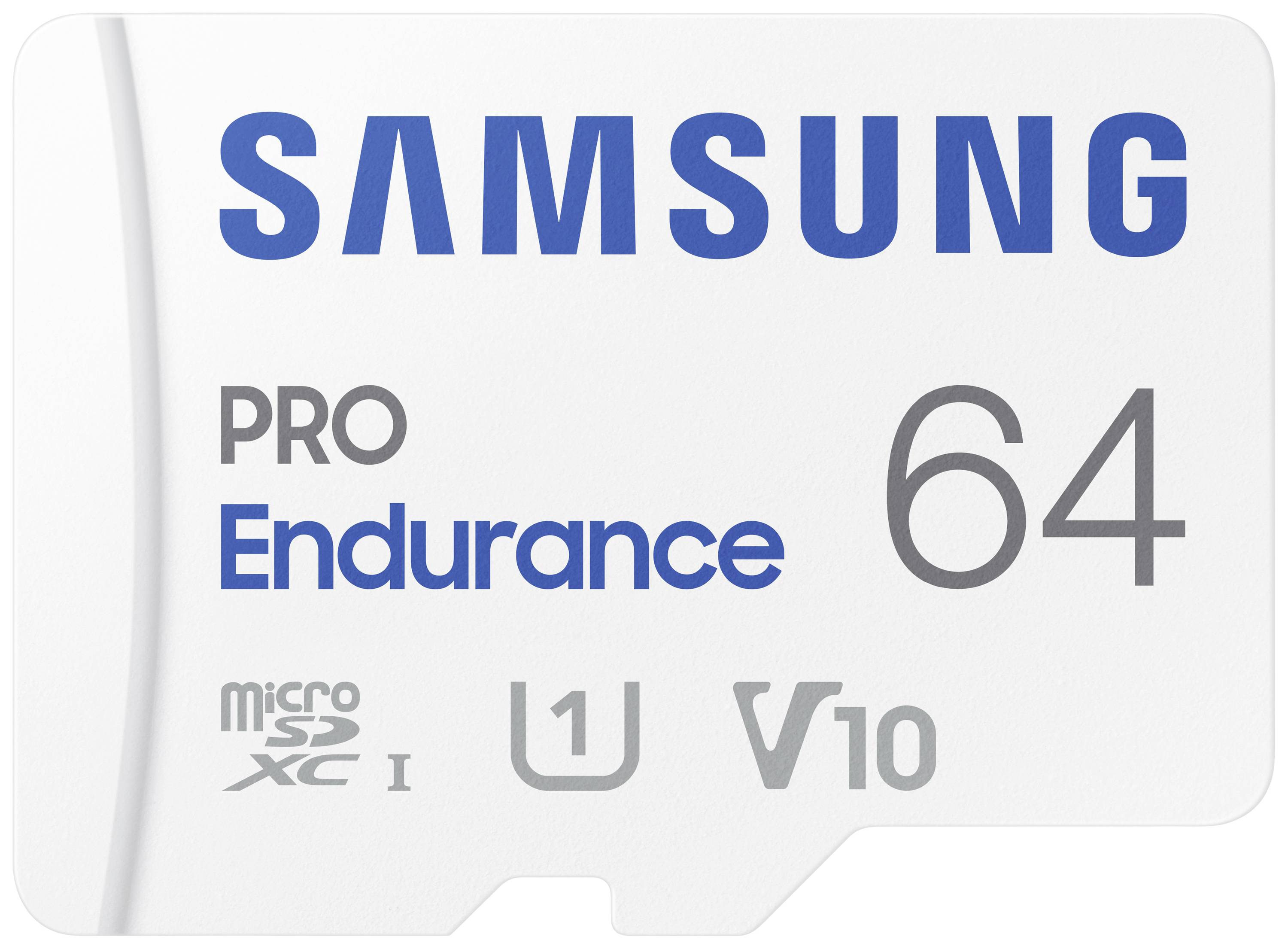 Scheda di memoria Samsung con scritta 'PRO Endurance 64', idonea per microSD XC I, U1, V10.