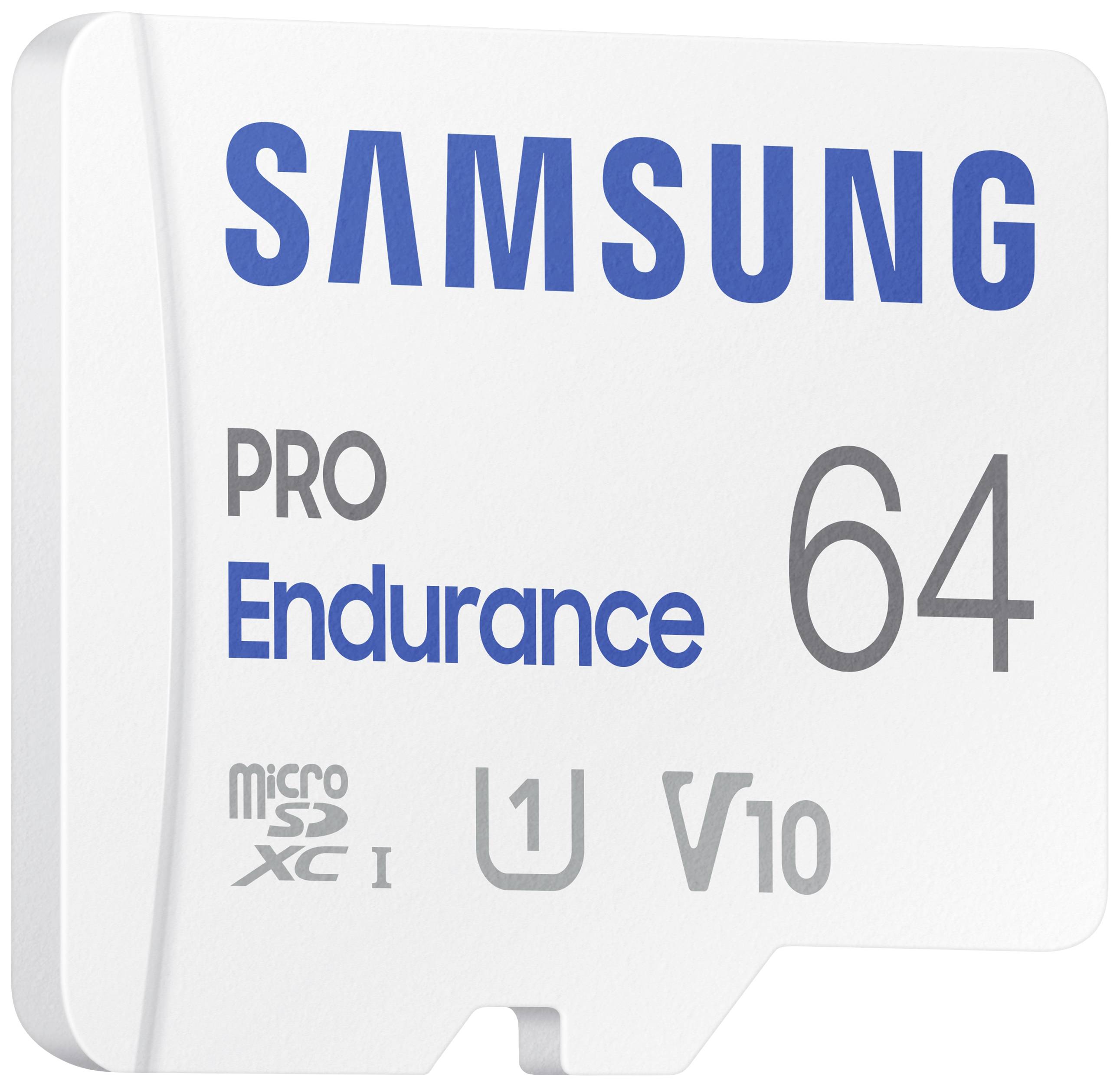 Scheda microSDXC Samsung PRO Endurance da 64GB in bianco. Contiene simboli per la classe di velocità U1 e V10.