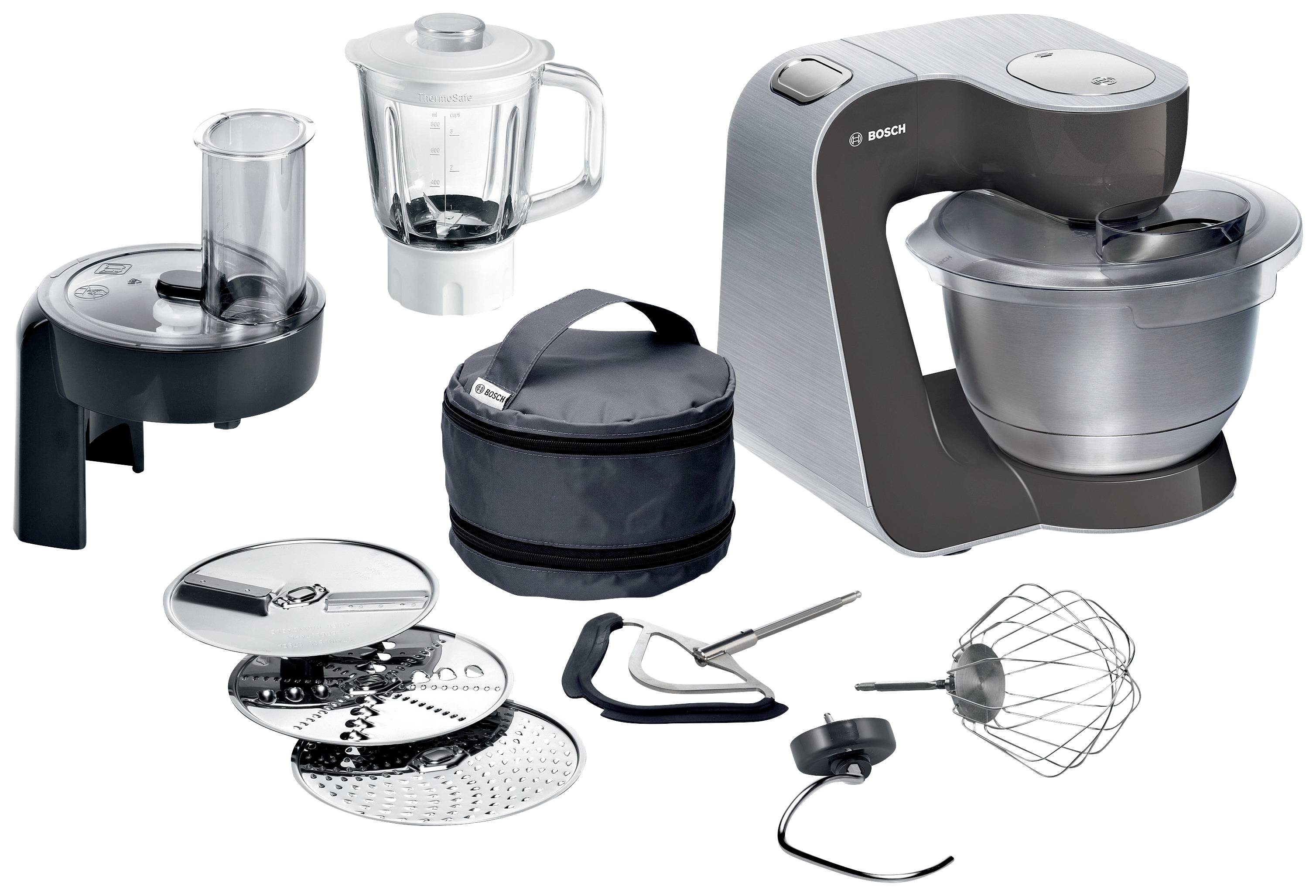 Robot da cucina con accessori: frullatore, ciotola per impastare, frusta, dischi per tagliare, borsa per accessori. Ideale per frullare e tagliare.