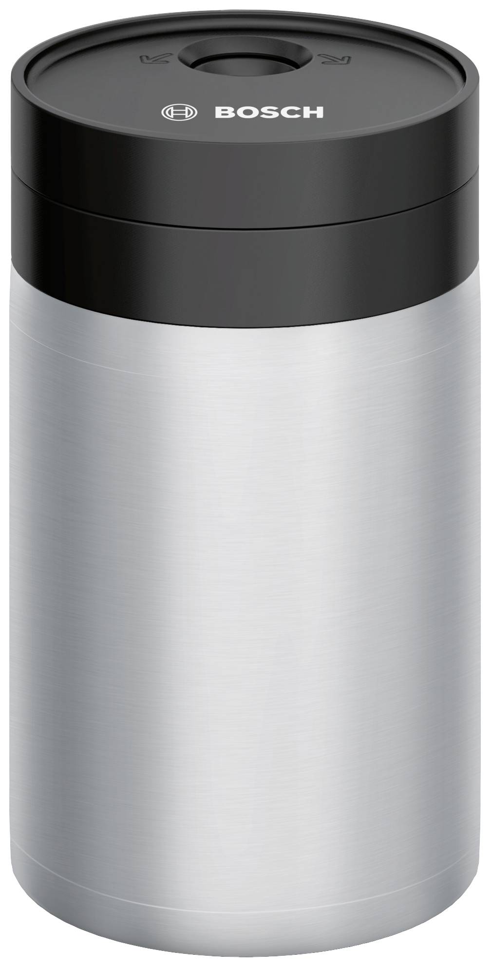 Thermos in acciaio inox con coperchio nero, logo del marchio visibile in alto. Ideale per bevande calde o fredde da portare con sé.