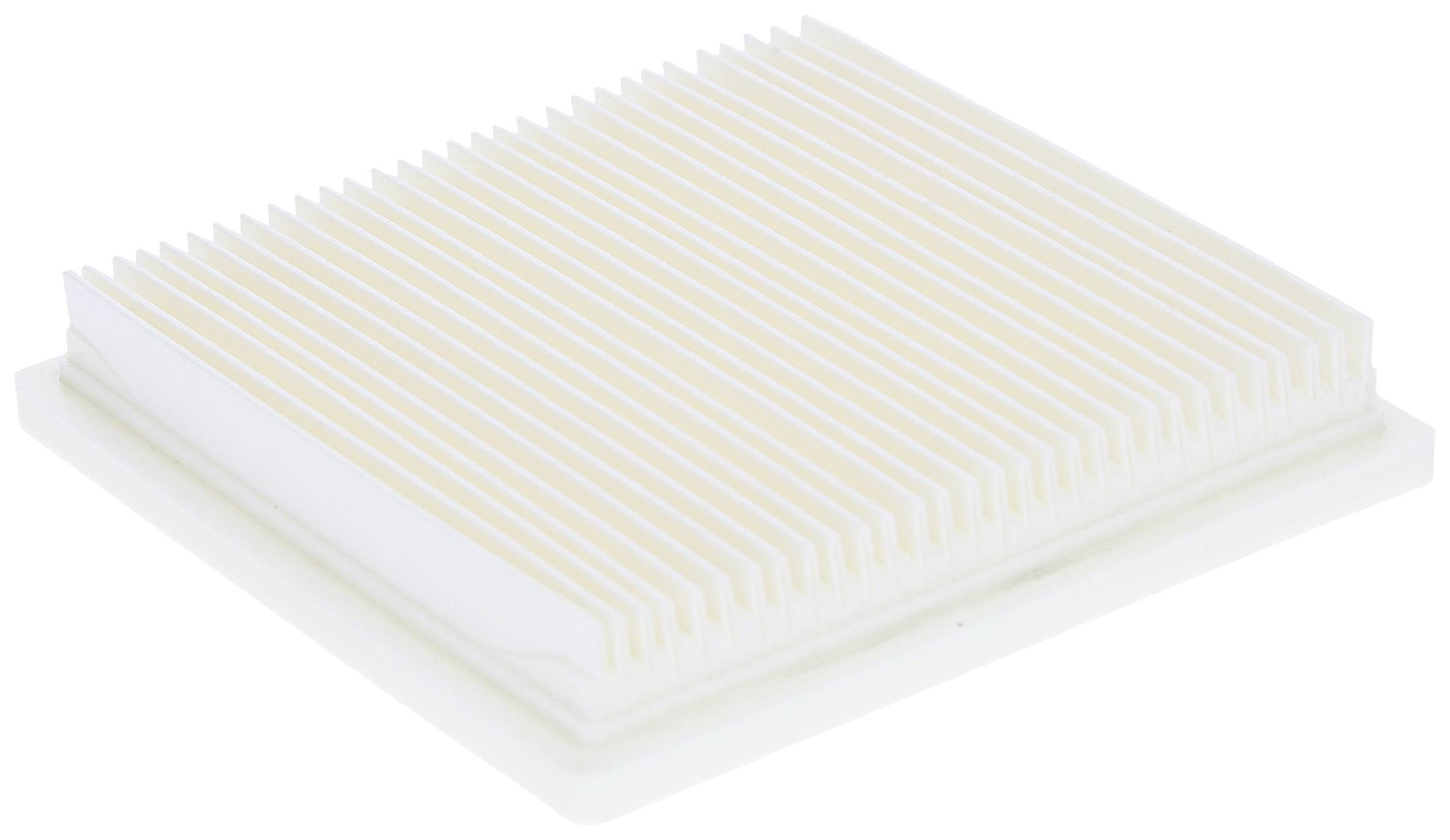 Filtro dell'aria con lamelle bianche piegate, forma rettangolare, su sfondo bianco. Utilizzato nei sistemi di climatizzazione delle auto per la pulizia dell'aria.