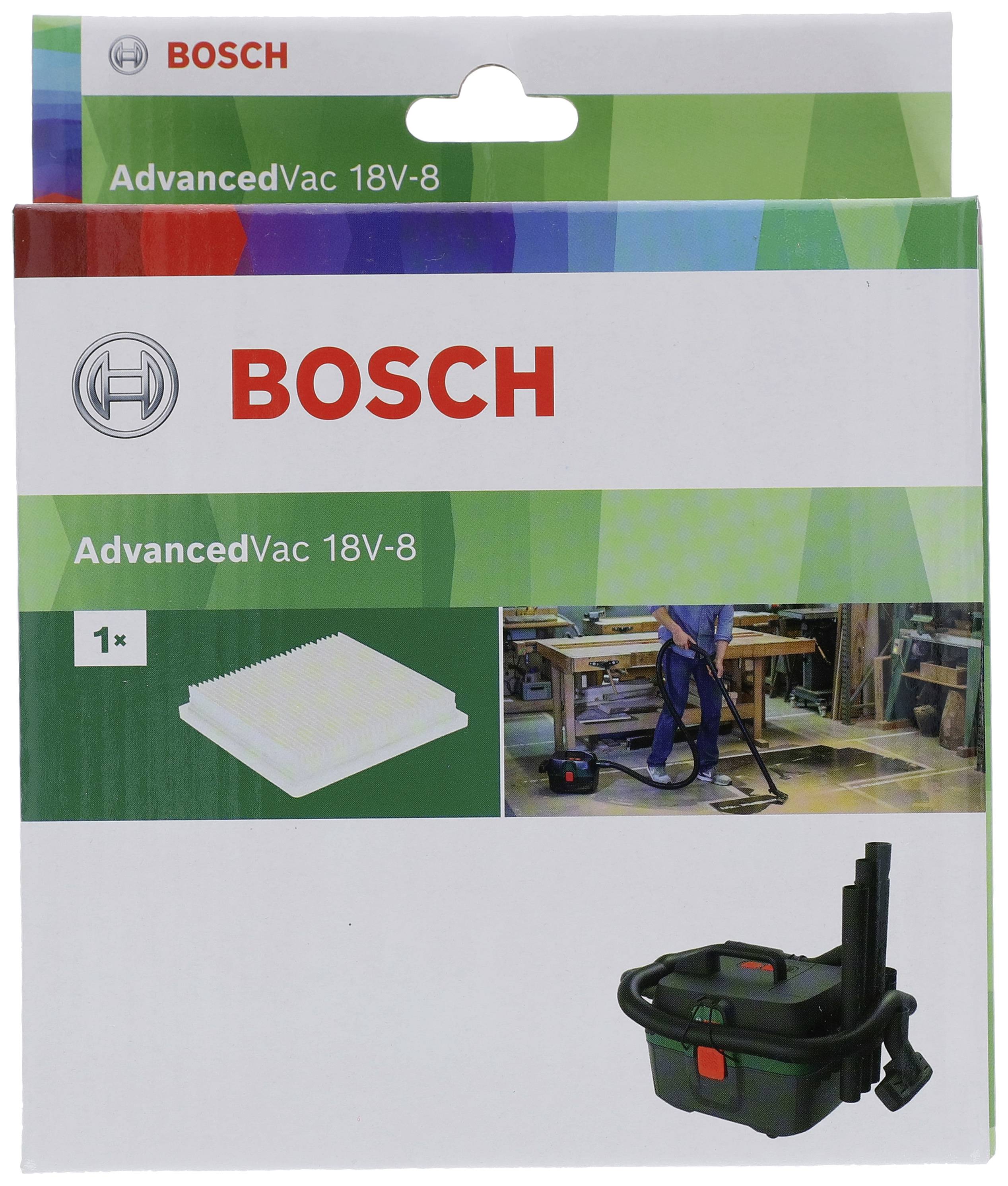 La confezione mostra l'set di accessori Bosch AdvancedVac 18V-8, comprensivo di filtri e immagini dell'aspirapolvere, per l'uso in officina.