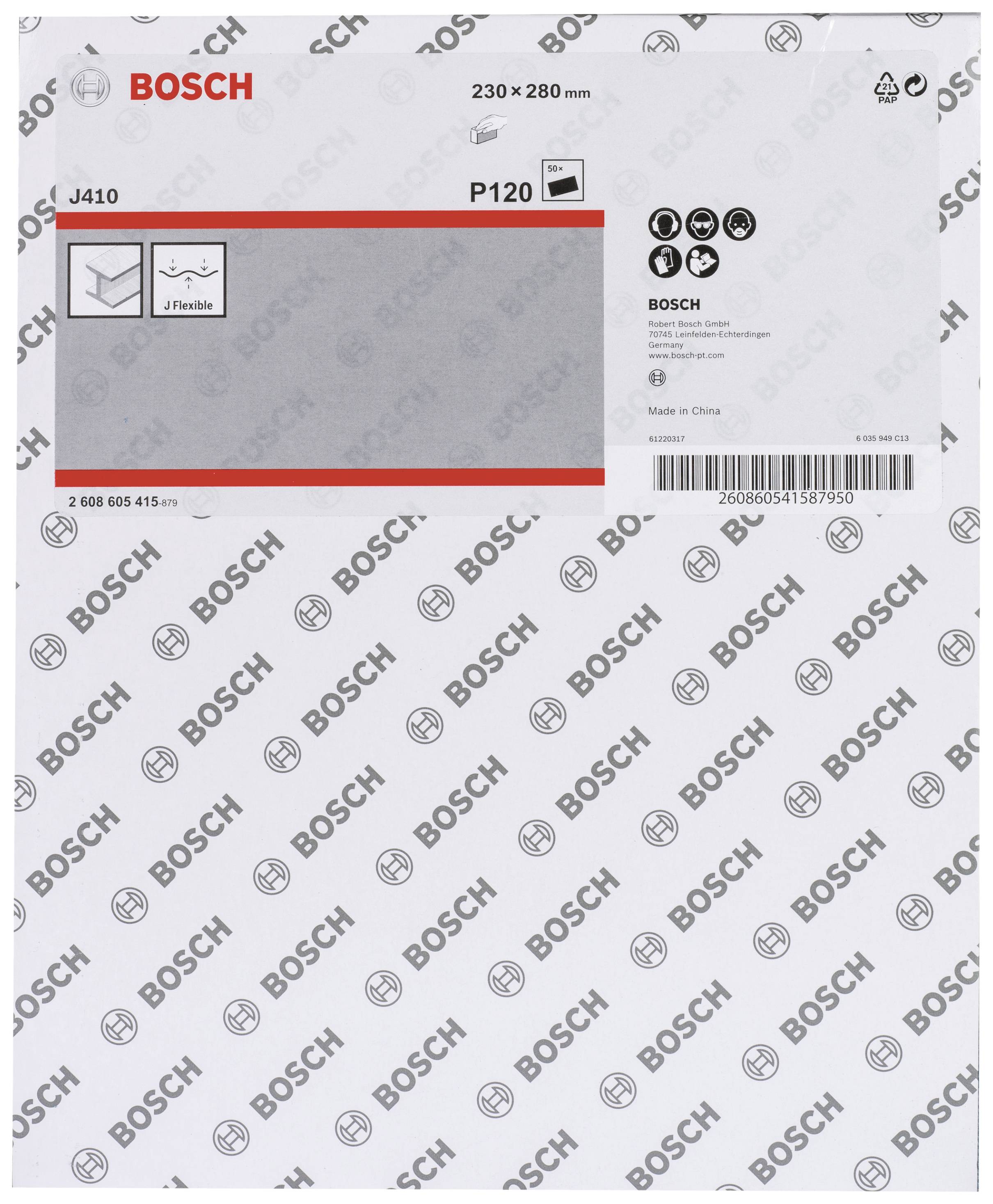 'Carta vetrata Bosch, dimensioni 230 x 280 mm, grana P120, per utilizzo versatile. Confezione riporta il logo del marchio e le informazioni del prodotto.'