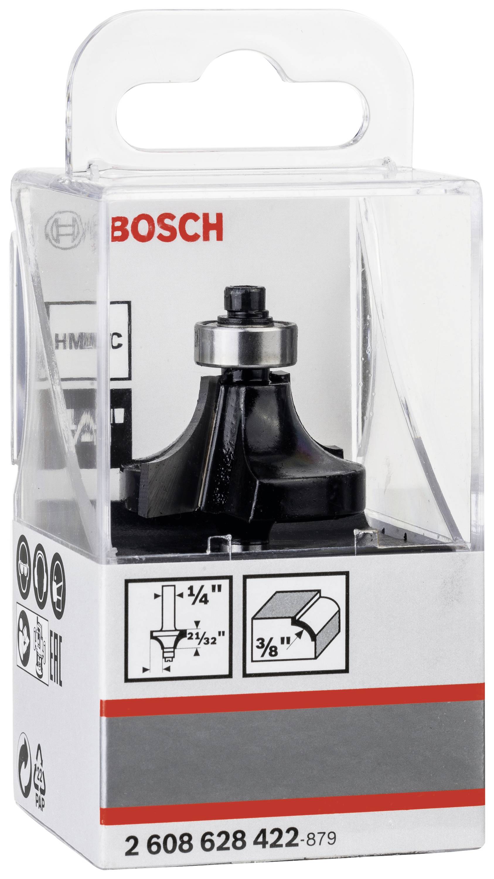 Punta in metallo duro in confezione Bosch, mostra esempi di applicazione e specifiche tecniche sul fronte della scatola.