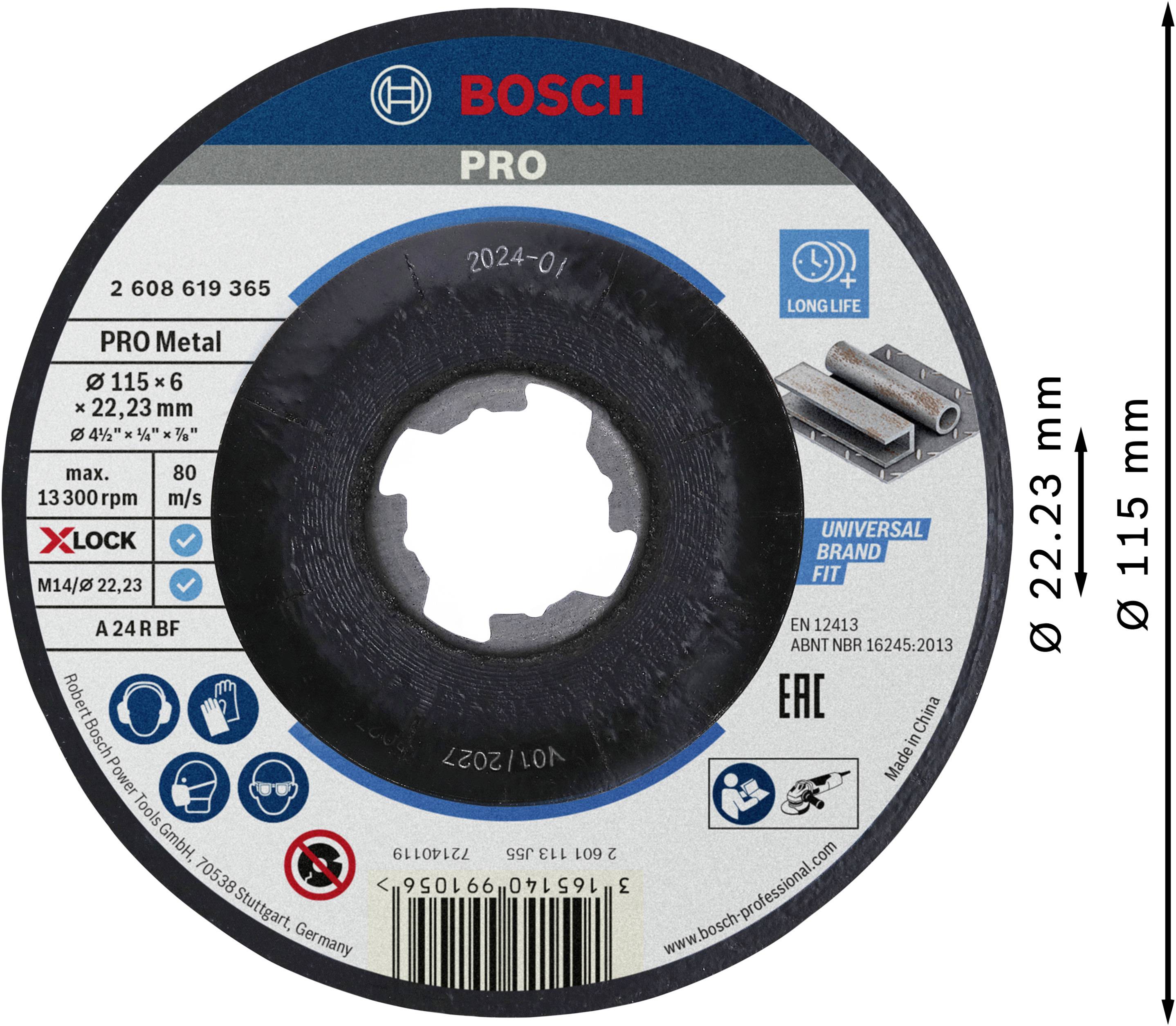 Disco da taglio Bosch per metallo, modello 'PRO'. Diametro: 115 mm, spessore: 1 mm, foro: 22,23 mm. Compatibile con X-Lock.