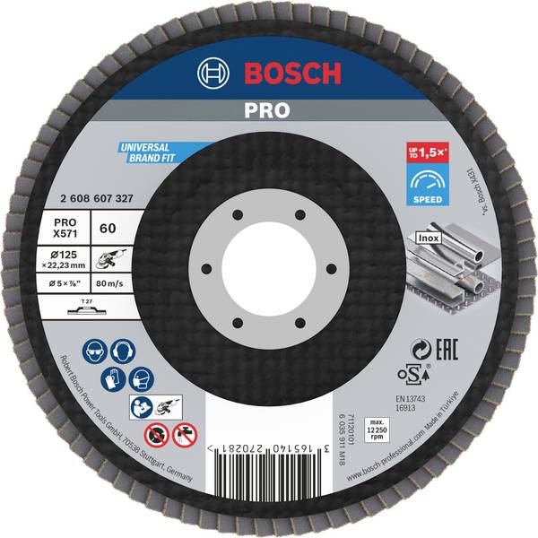 Bosch Accessories 2608607327 X571 Disco con falde Diametro 125 mm Ø foro 22.33 mm Dimensione dei grani 60 Acciaio 1 pz.