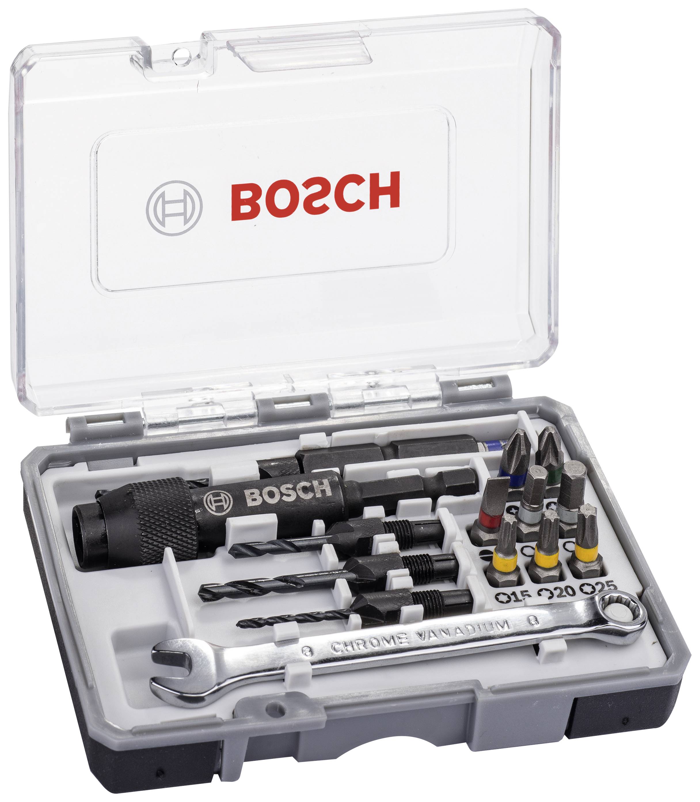 Set di utensili Bosch in custodia di plastica aperta, contiene punte per cacciavite, punte da trapano, adattatori per bit e una chiave inglese.