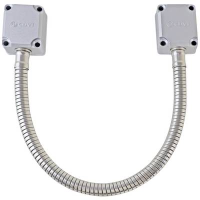Tubo flessibile di protezione metallico con estremità di fissaggio quadrate, tipico per connessioni elettriche o meccaniche.