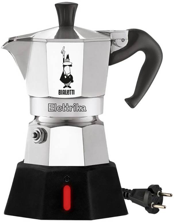 Una macchina per espresso Bialetti Elettrika in argento con manico e cavo nero. Design con logo del marchio e spia di controllo rossa.
