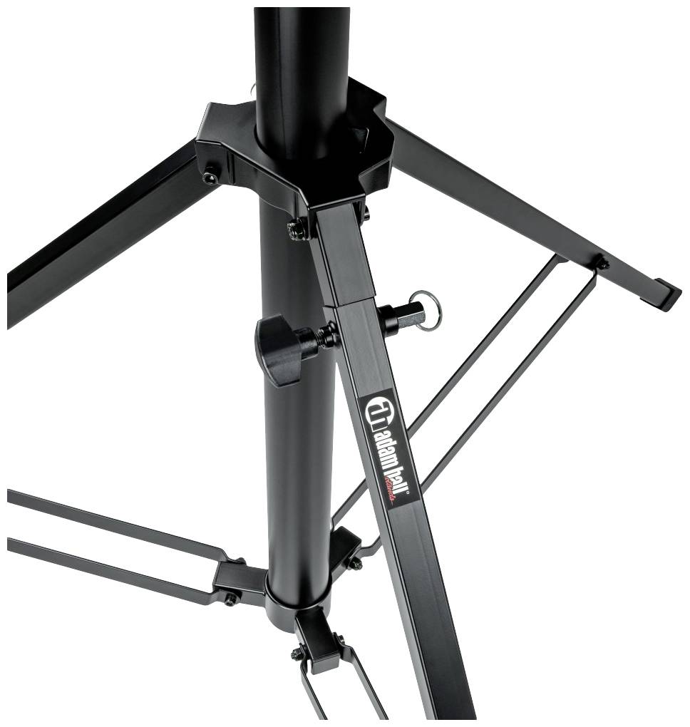 Un supporto stabile, nero, per illuminazione o altoparlanti con tre gambe telescopiche e un morsetto regolabile.