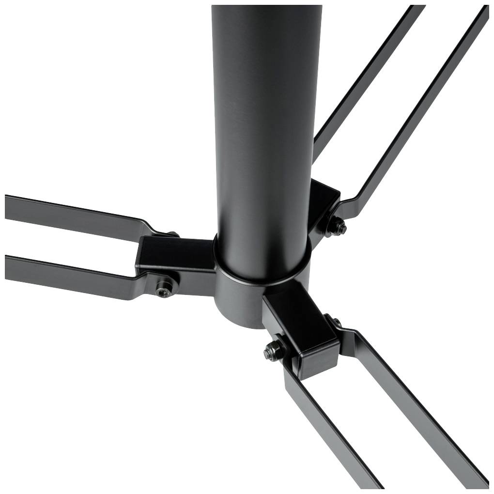 Supporto in metallo nero con quattro gambe che si diramano da un tubo centrale di forma rettangolare.