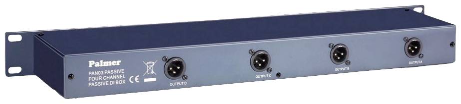 Una DI-box passiva a quattro canali di Palmer, vista frontale con quattro ingressi e uscite XLR.