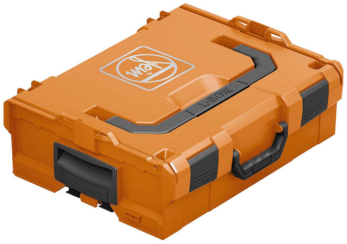 Un contenitore porta attrezzi arancione con manico nero e logo. Utilizzato per il trasporto sicuro e la conservazione degli utensili.