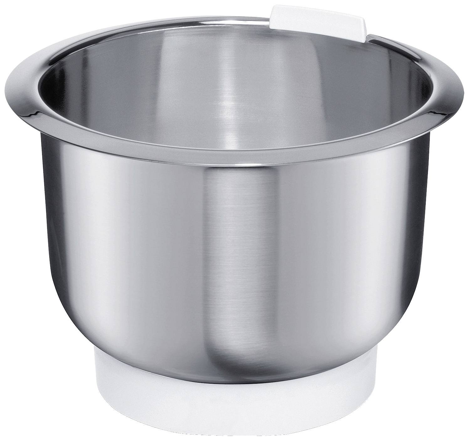 Ciotola in acciaio inox con manico, adatta per miscelare e preparare cibi, utilizzabile in robot da cucina o per mescolare manualmente.