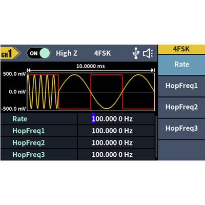 'Modulazione 4FSK su un oscilloscopio. Lo schermo mostra forme d'onda e impostazioni di frequenza: Rate, HopFreq1, HopFreq2, HopFreq3.'