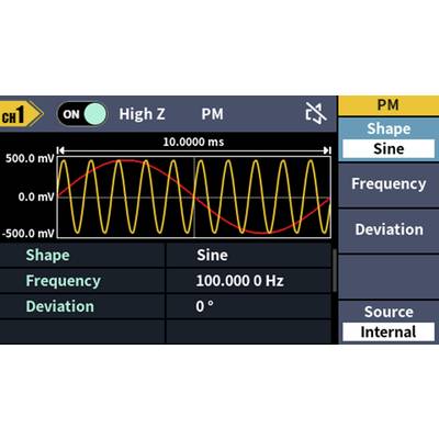 Schermo dell'oscilloscopio mostra un'onda sinusoidale con frequenza di 100 Hz e deviazione di 0°. Lato destro: impostazioni per forma, frequenza e sorgente.