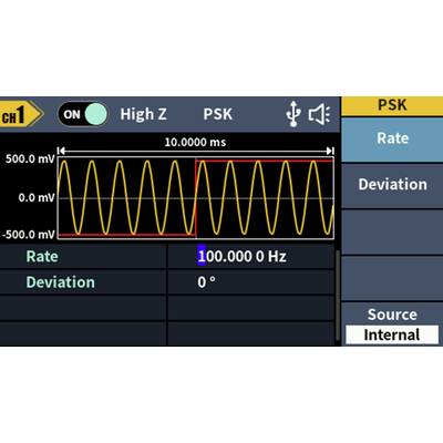 Schermo dell'oscilloscopio: Onda sinusoidale gialla con periodo di 10,0000 ms, ampiezza di 500 mV. Impostazioni: Frequenza 100 Hz, deviazione 0°, sorgente interna.
