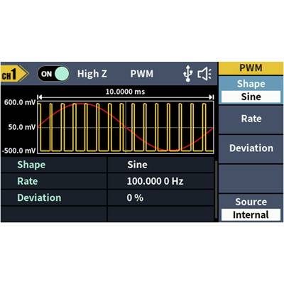 'Schermo dell'oscilloscopio che mostra la modulazione di larghezza di impulso (PWM) con onda sinusoidale. Parametri principali: Forma - Sinusoidale, Frequenza - 100 Hz, Deviazione - 0%.'