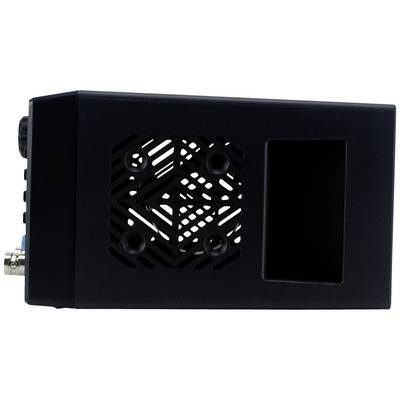 Un dispositivo tecnico nero con fessure di ventilazione sul lato e diversi connettori.