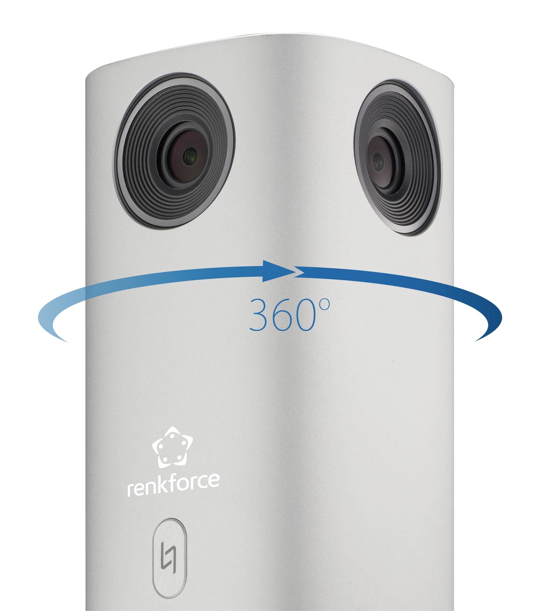 Una fotocamera a 360 gradi di Renkforce con due obiettivi che consente riprese panoramiche complete. Una freccia blu indica la funzione a 360 gradi.