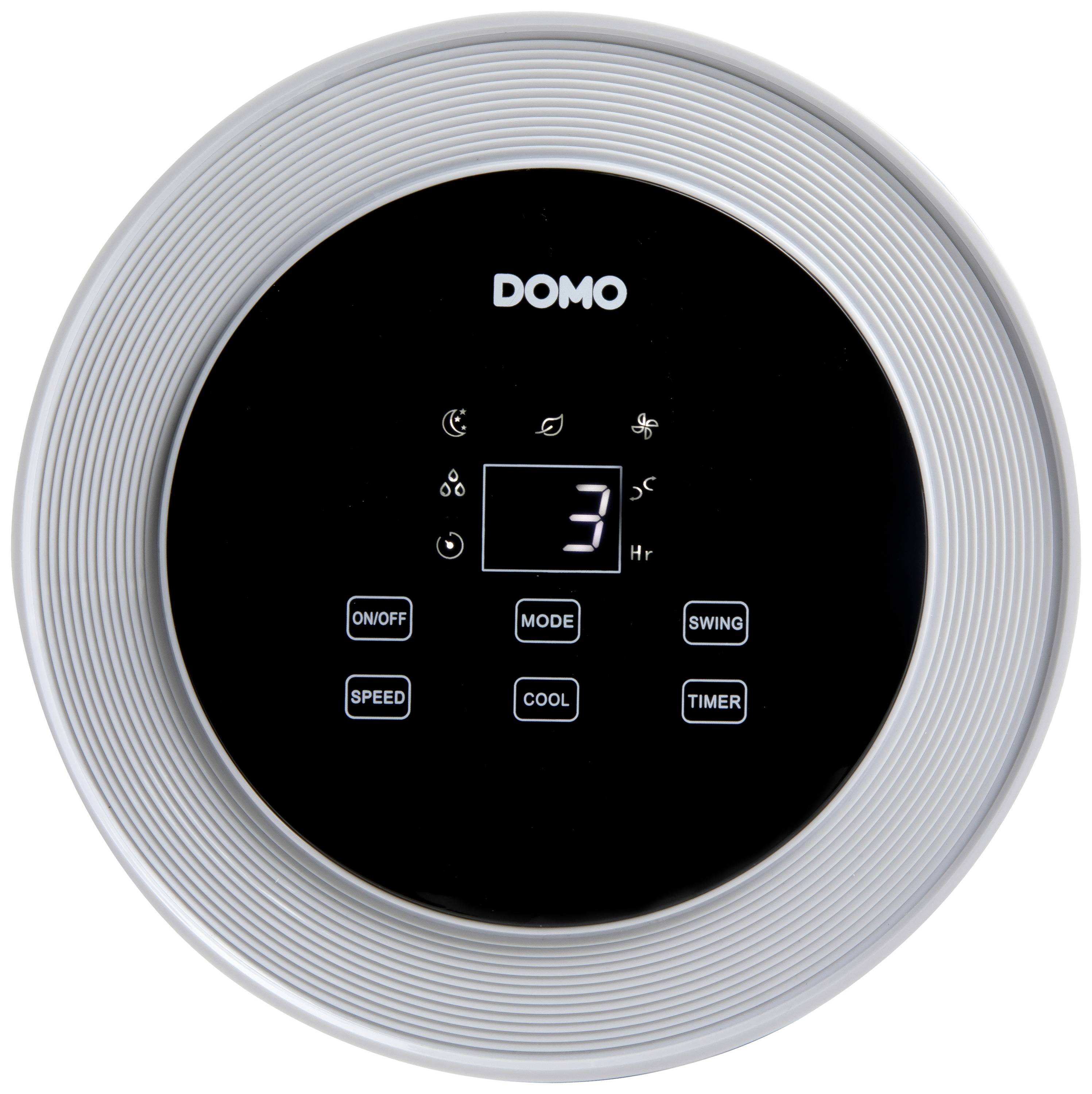 Telecomando rotondo con display digitale '3 Hr' e tasti per Acceso/Spento, Modalità, Oscillazione, Velocità, Raffreddamento e Timer.