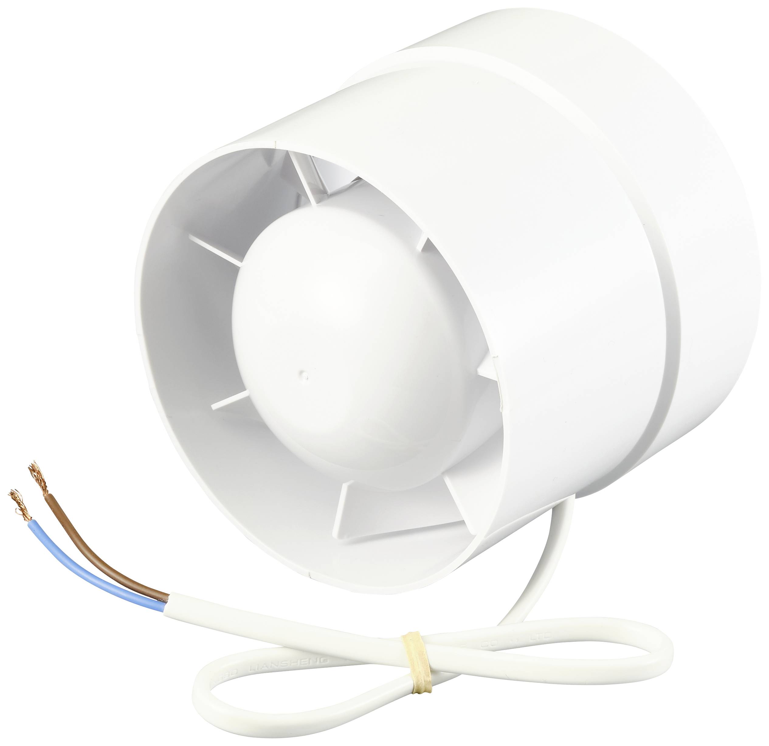 Ventilatore bianco, cilindrico, con un cavo corto. Adatto per la ventilazione in ambienti piccoli.