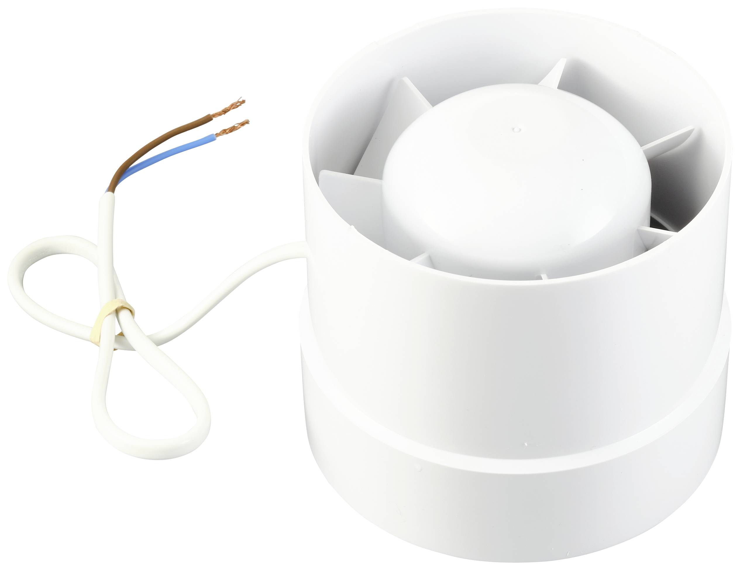Ventilatore tubolare bianco con due cavi esposti, idoneo per l'utilizzo in sistemi di ventilazione.