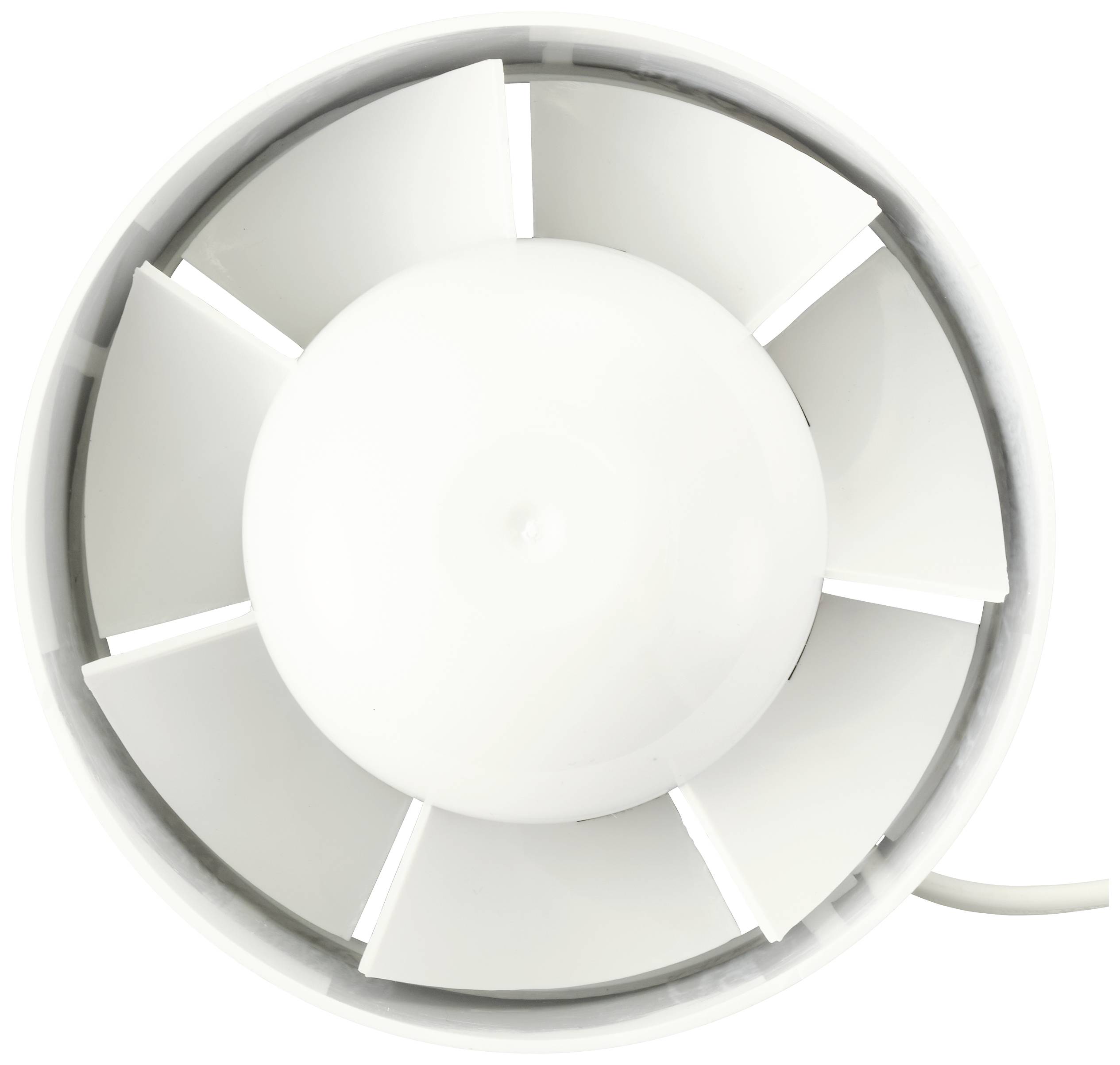 Ventilatore rotondo, bianco, con otto pale, visto dall'alto.