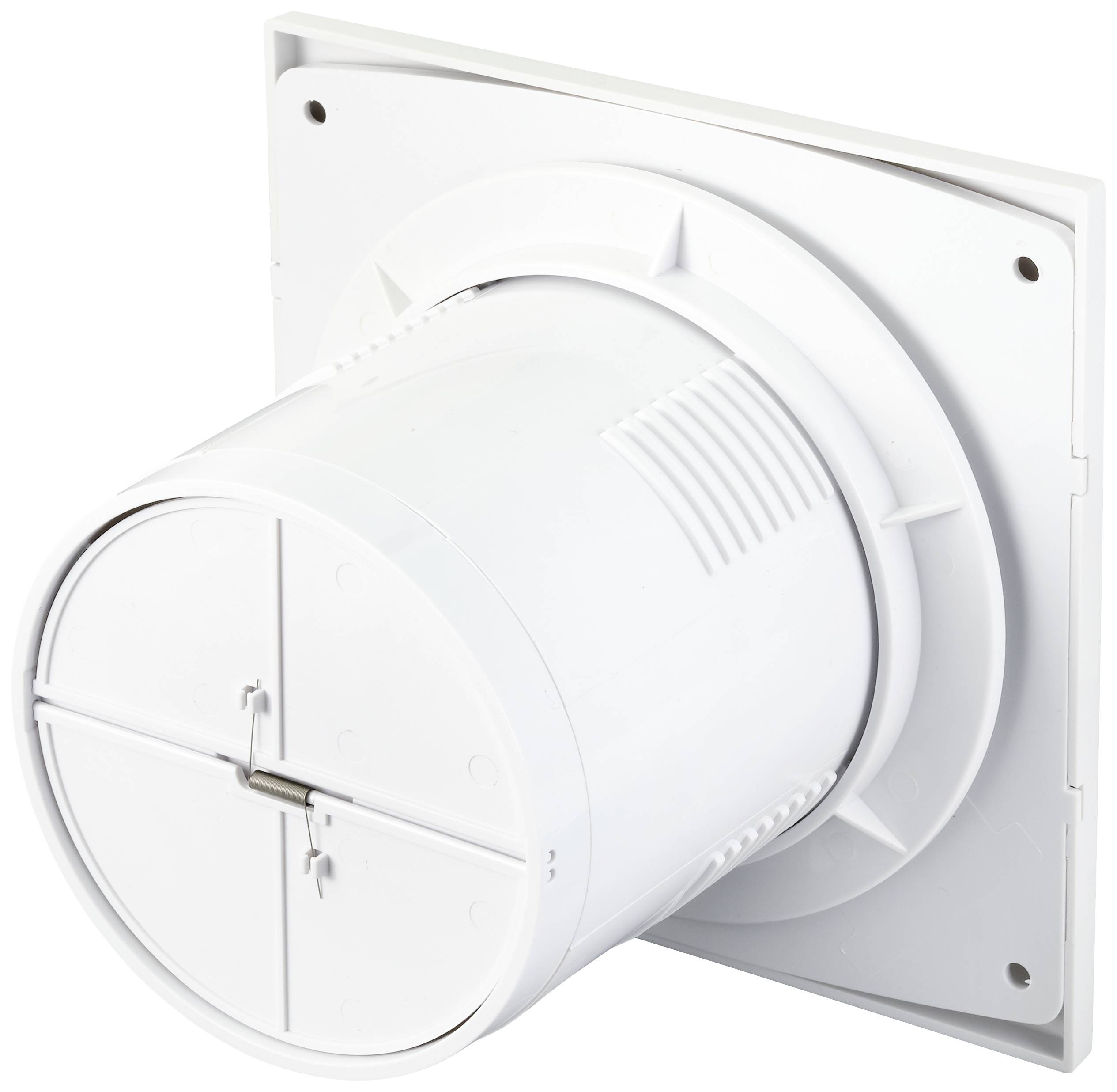Un elemento di ventilazione rettangolare bianco con sportello rotondo e piastra di montaggio quadrata, predisposto per l'installazione a parete.