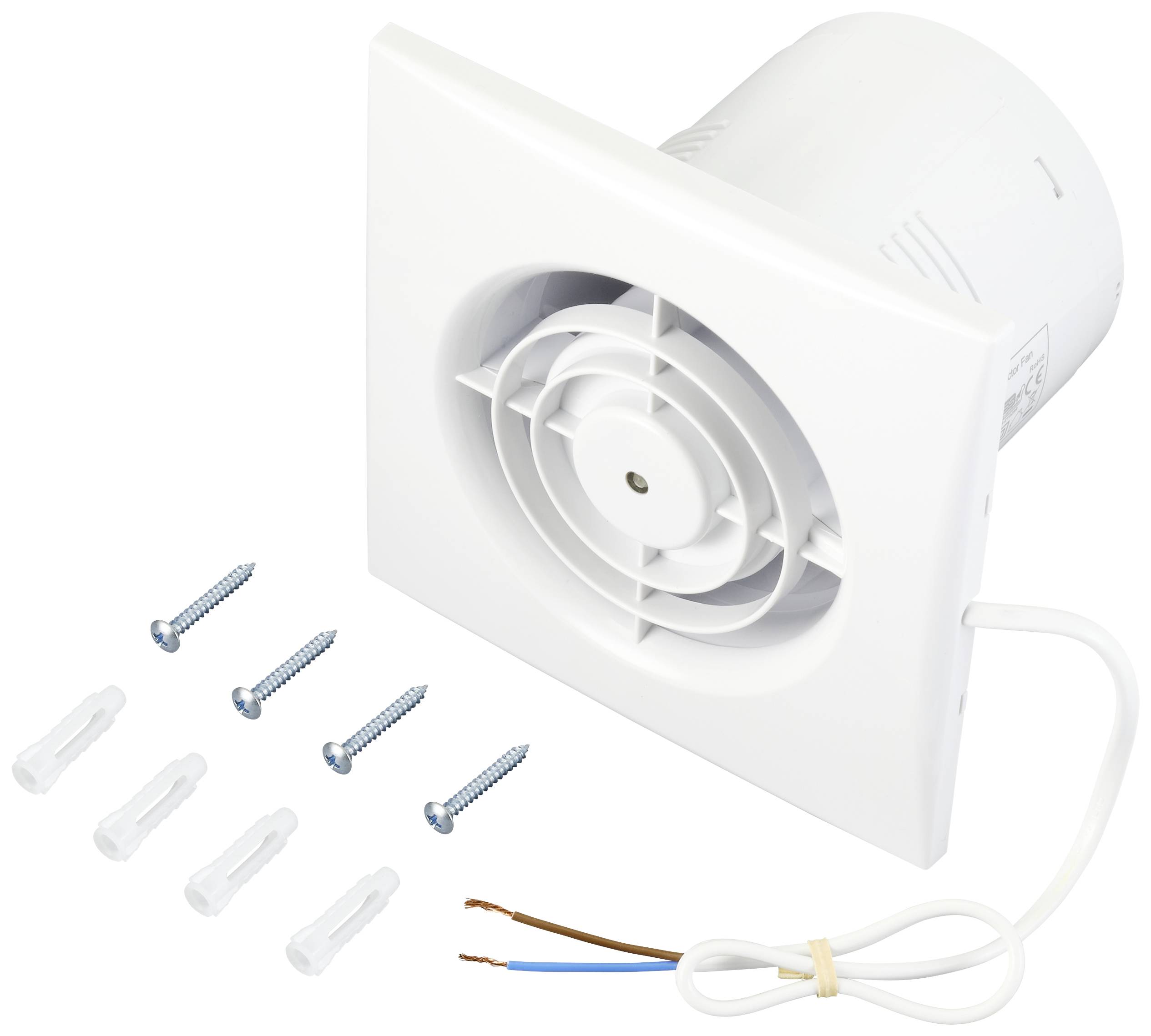 Un ventilatore assiale bianco con cavo, quattro viti e tasselli, raffigurato su sfondo bianco. Adatto per installazioni di ventilazione.