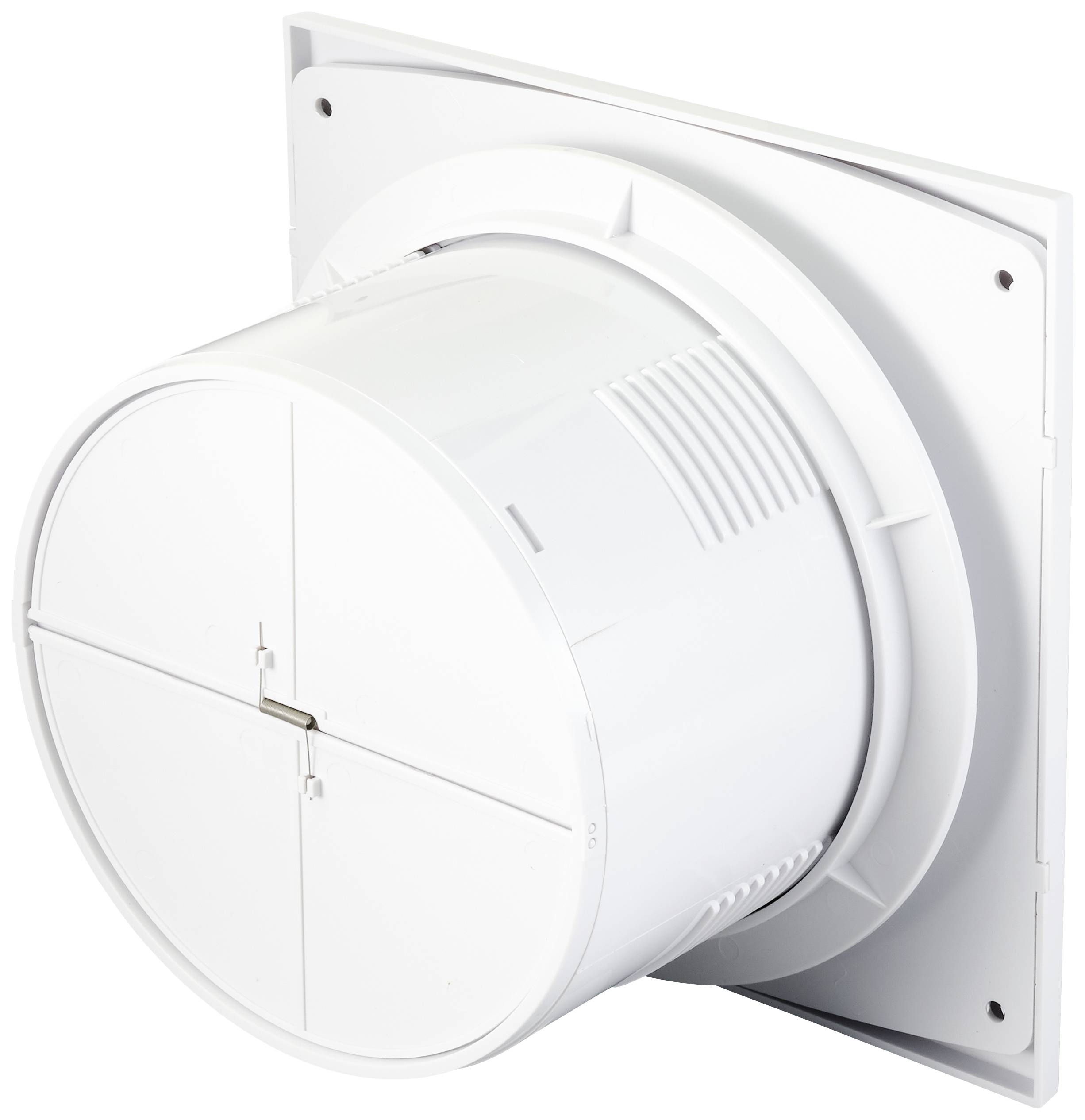 Ventilatore da parete bianco, rotondo, con cornice quadrata, adatto per la ventilazione di ambienti interni.