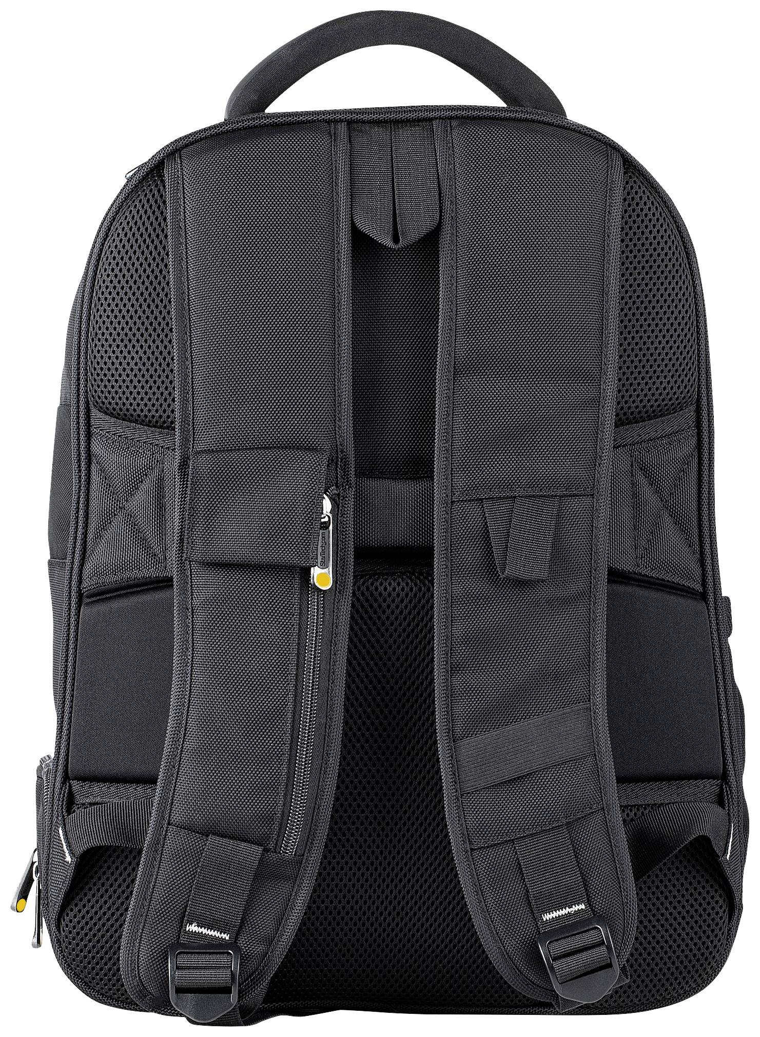 Zaino nero, vista posteriore, con cinghie a tracolla regolabili e imbottitura posteriore per comfort e supporto.