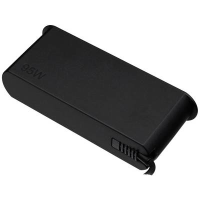 Un alimentatore per laptop nero rettangolare da 95 watt con bordi arrotondati e un attacco di alimentazione sul lato.