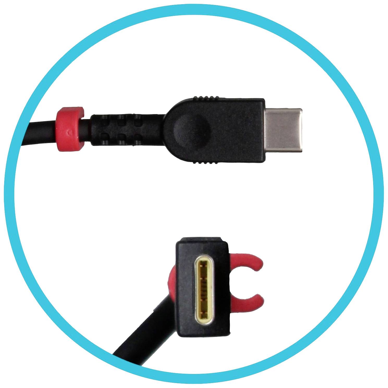 Un cavo di ricarica nero con accenti rossi mostra un connettore USB-C e un attacco specifico con clip di fissaggio rosse.