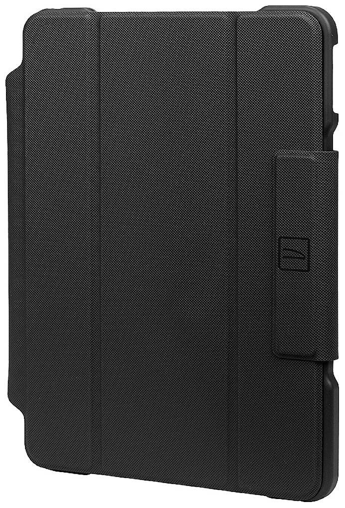 Custodia per tablet nera, strutturata, con chiusura a libro. Offre protezione per il dispositivo e ha un design semplice e funzionale.