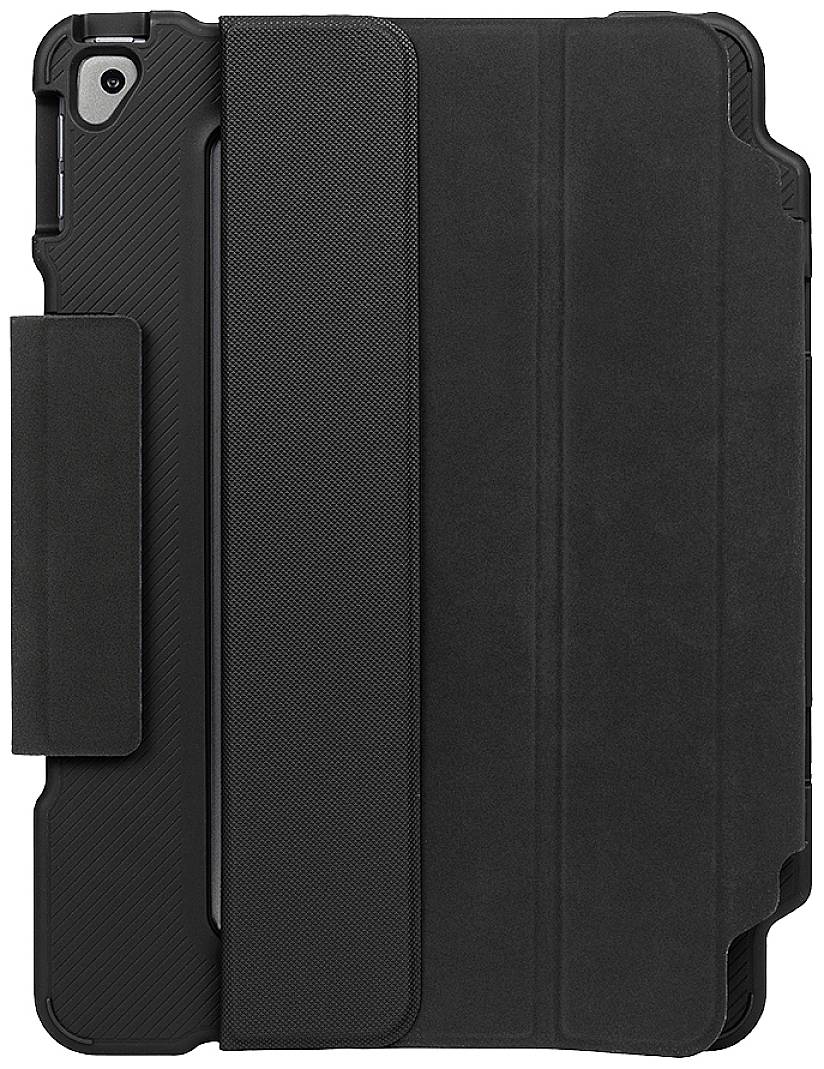 Una custodia nera per tablet con funzione stand e ritaglio per la fotocamera. Progettata per la protezione e l'ottimizzazione dell'angolo di visione.