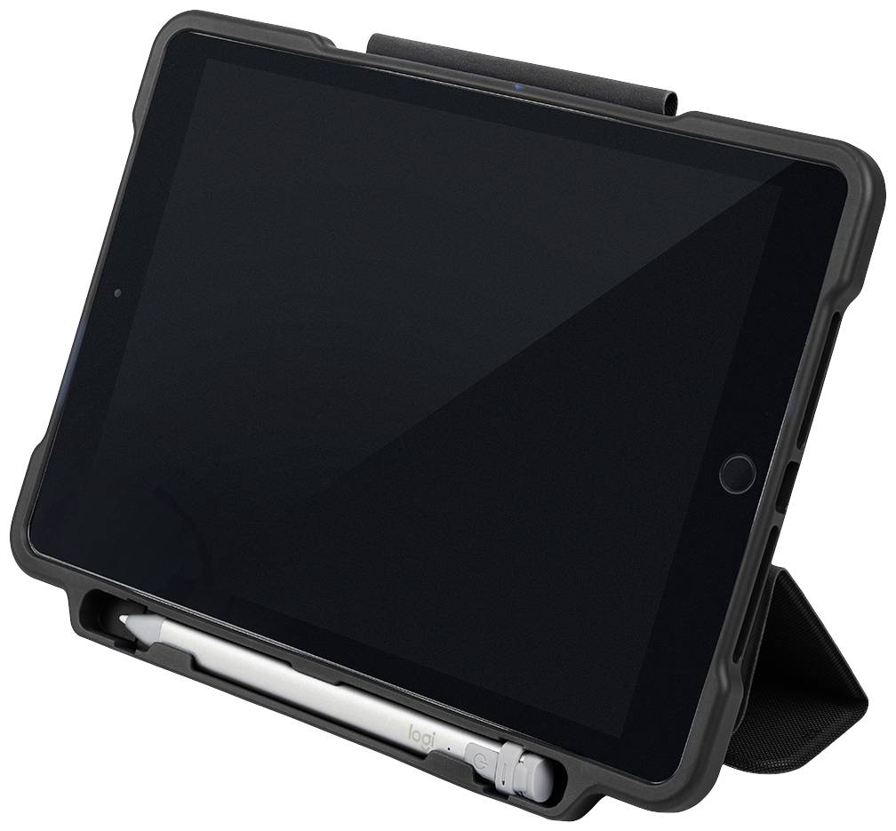 Un tablet in un custodia protettiva è in posizione verticale. Una penna è inserita nella parte inferiore della custodia.