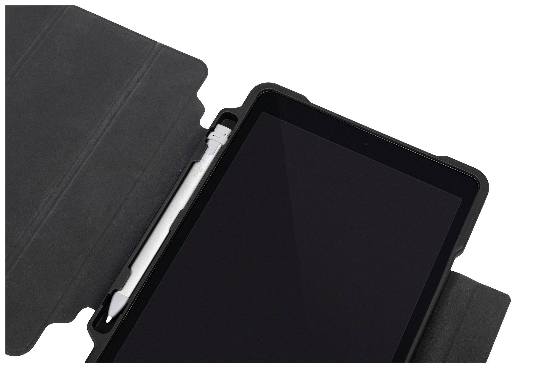 Un tablet con schermo nero avvolto in una custodia nera, accanto al quale è posato un pennino bianco.