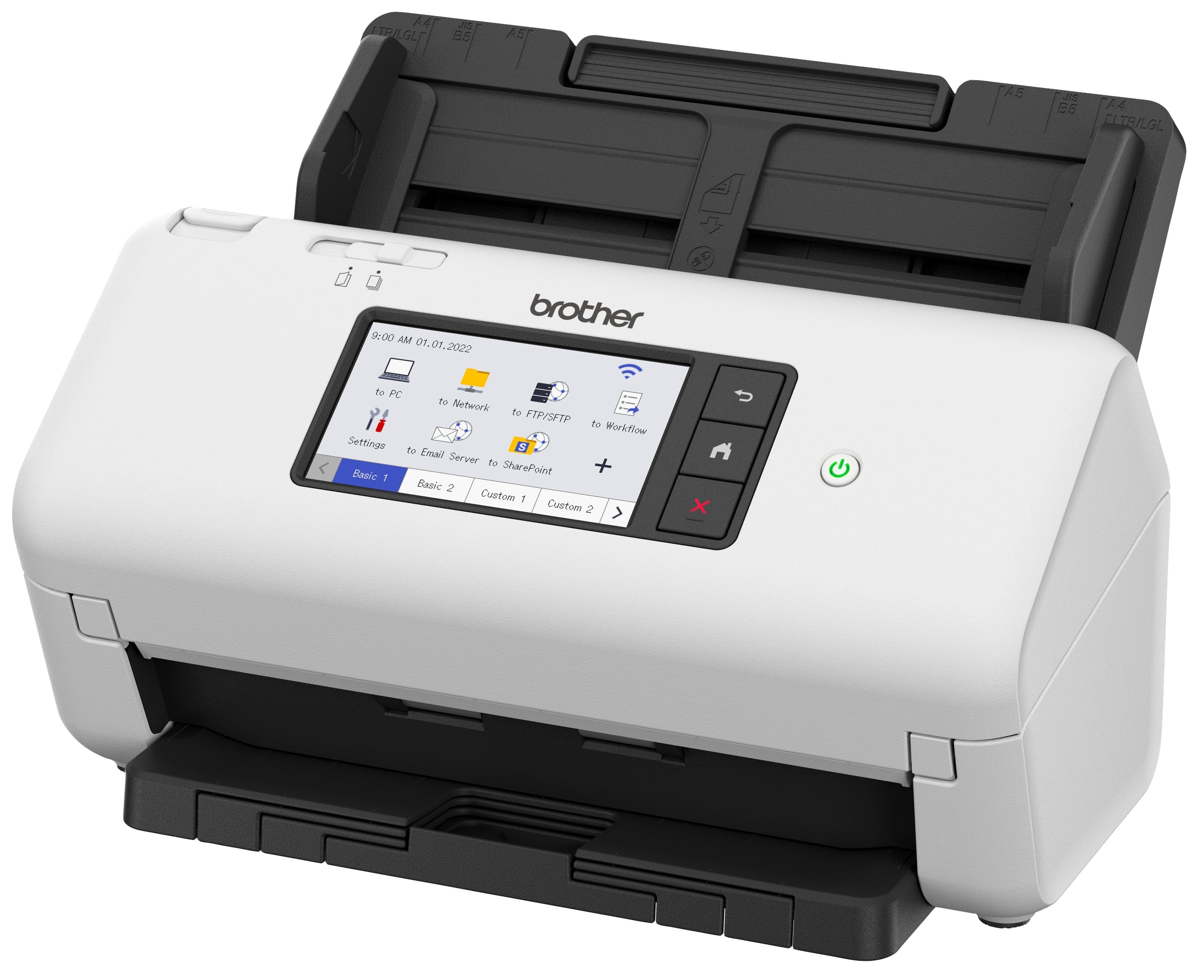 Uno scanner desktop bianco con display, tastiera e alimentatore documenti. Lo scanner è del marchio Brother.