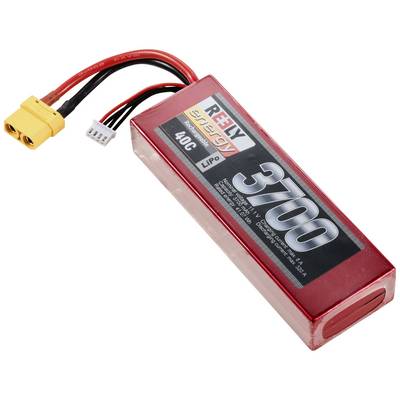 Un accumulatore LiPo rosso con la scritta '3700 mAh' e '40C' della Reely, con connettore di colore giallo e bianco.