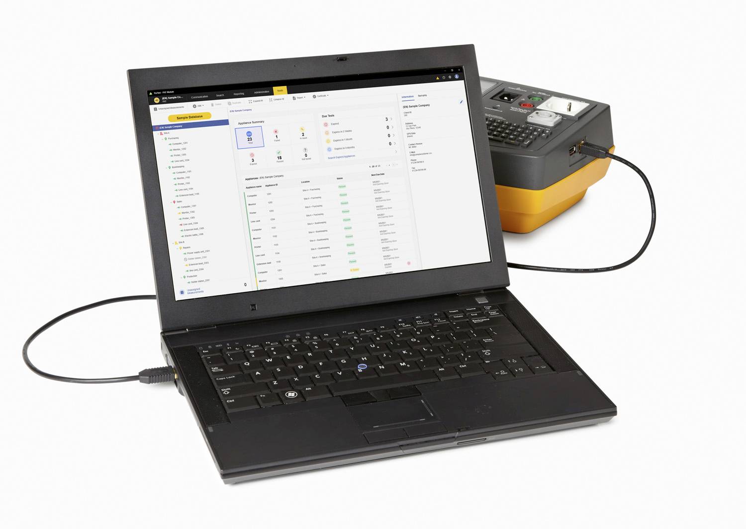 Un laptop è collegato a un dispositivo di prova. Sullo schermo viene visualizzato un software per la gestione e l'analisi dei dati di test.